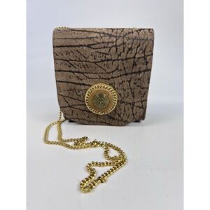 Vintage Brown Elephant Print Suede Crossbody Bag Gold Chain Medallion Flap Mini